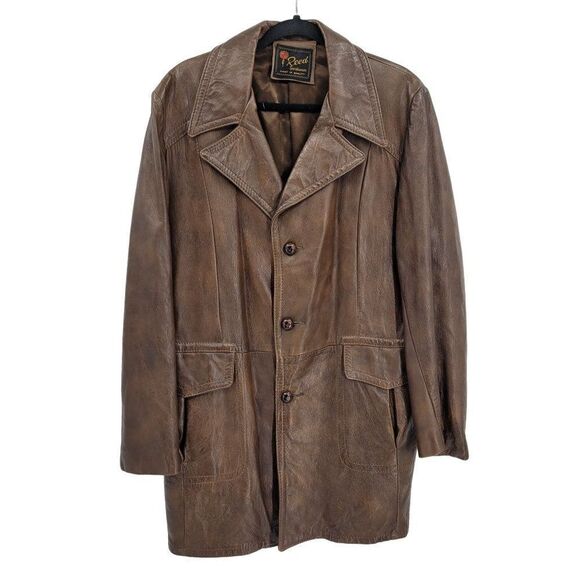 70s Leather Jacket Mottled Crackle Brown Duster Blazer Button Hippy Streetwear L - Picture 3 of 14